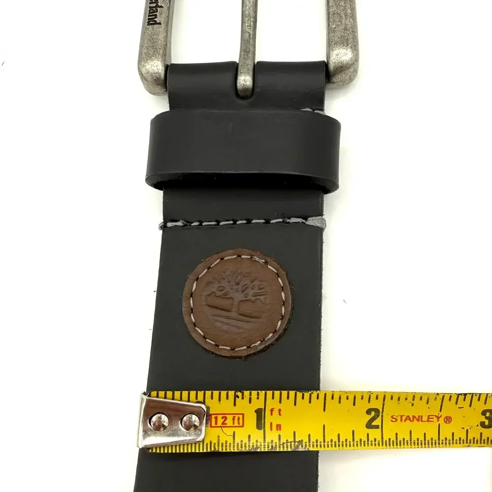 Timberland Men's Black Leather Belt Size 36 Logo Patch Distressed Buckle